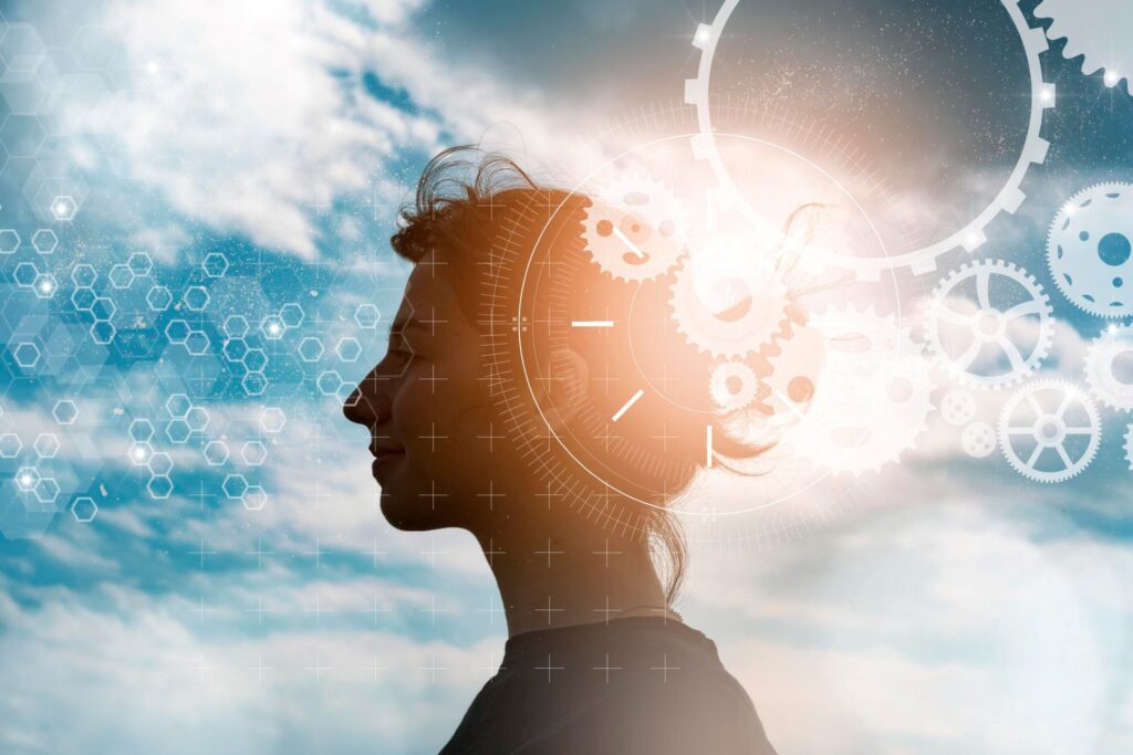 cg female profile silhouette gears blue sky